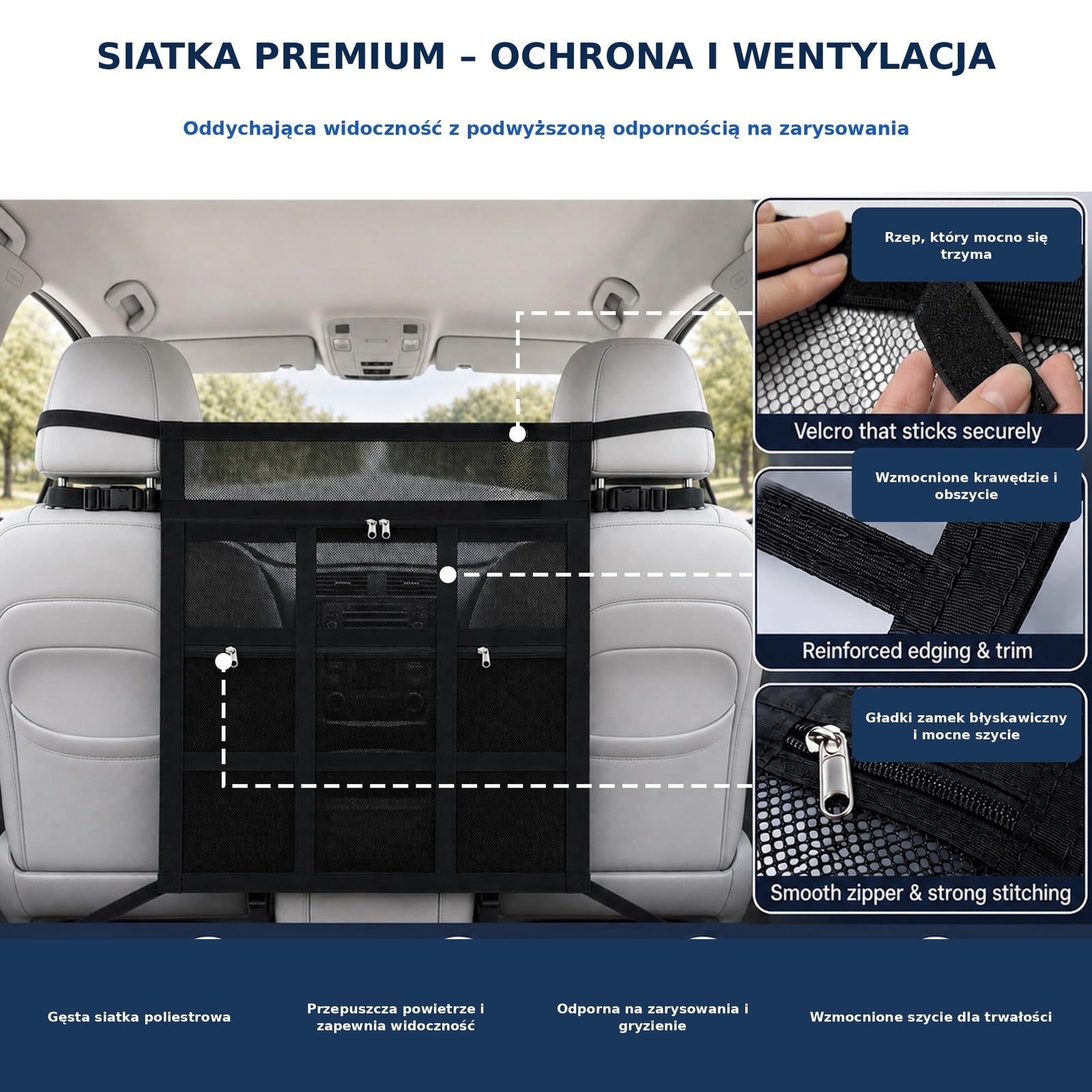 Bariera samochodowa dla psa z zapięciem na rzep i podwójnym zamkiem błyskawicznym do samochodu/SUV-a