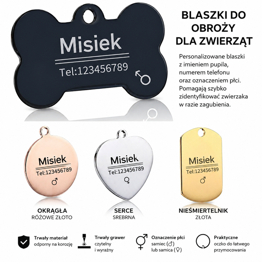 Personalizowane stalowe nieśmiertelniki dla zwierząt