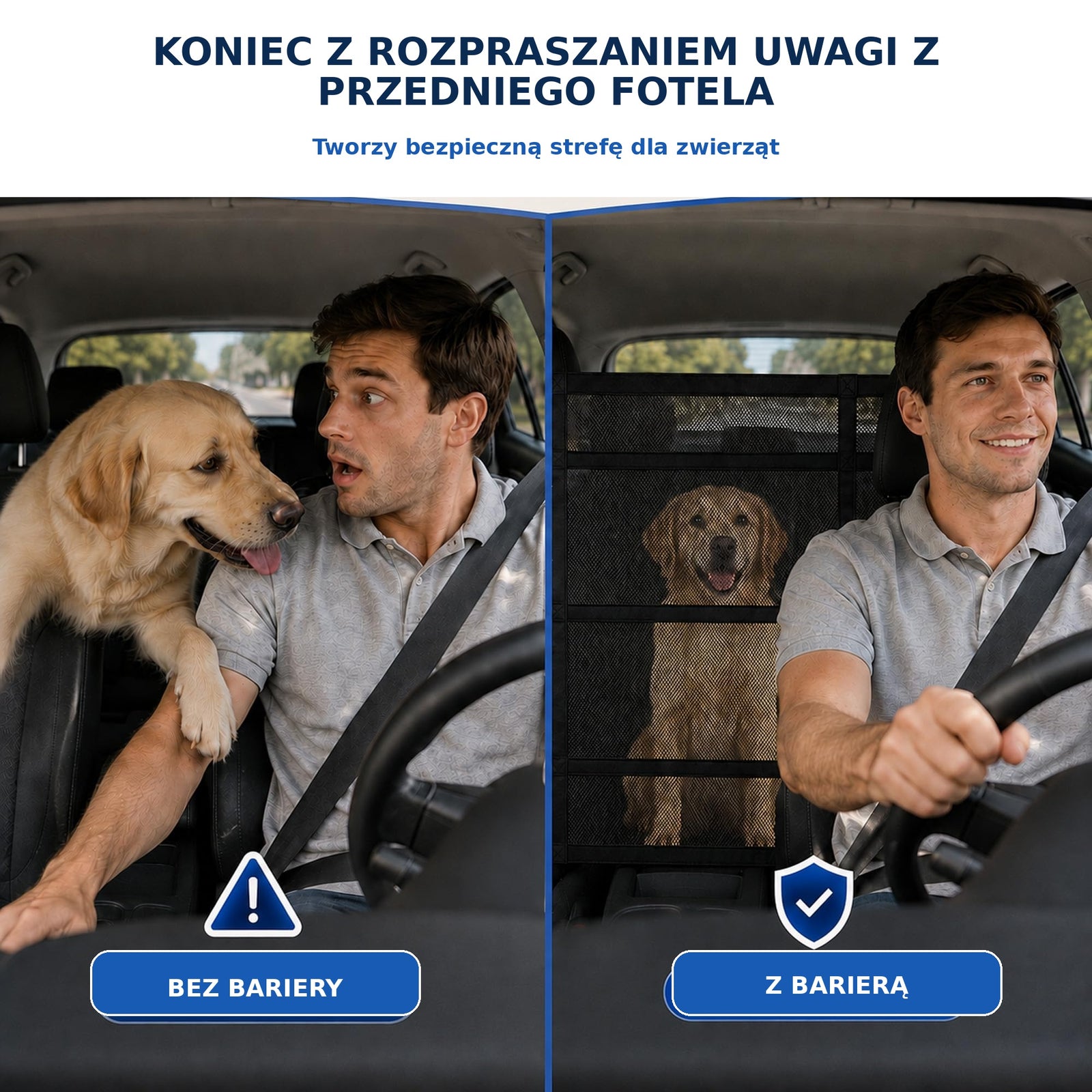Bariera samochodowa dla psa z zapięciem na rzep i podwójnym zamkiem błyskawicznym do samochodu/SUV-a