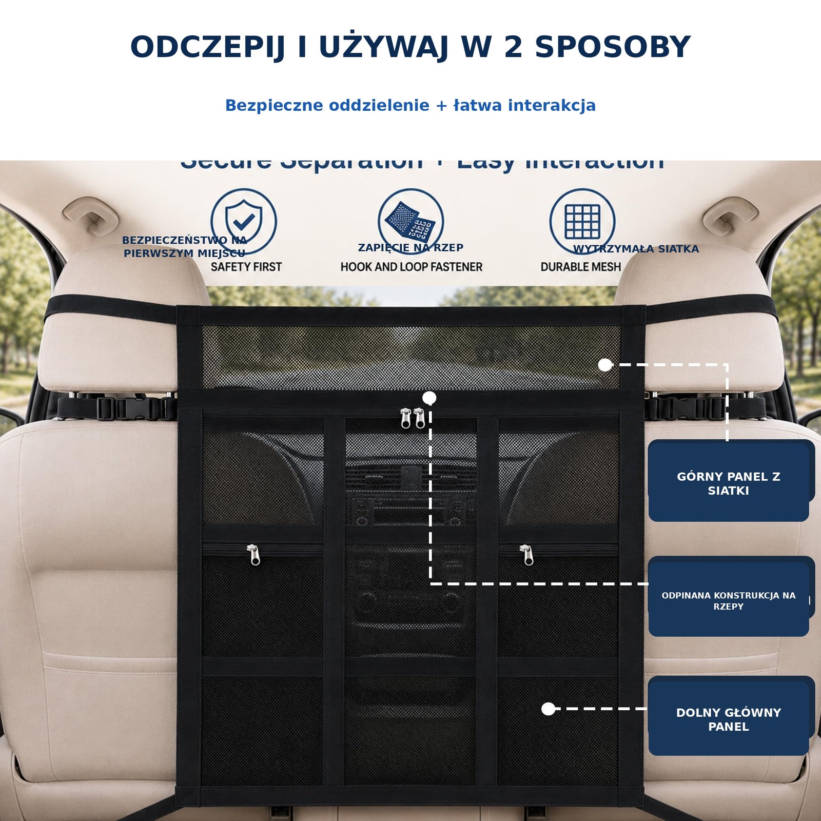 Bariera samochodowa dla psa z zapięciem na rzep i podwójnym zamkiem błyskawicznym do samochodu/SUV-a