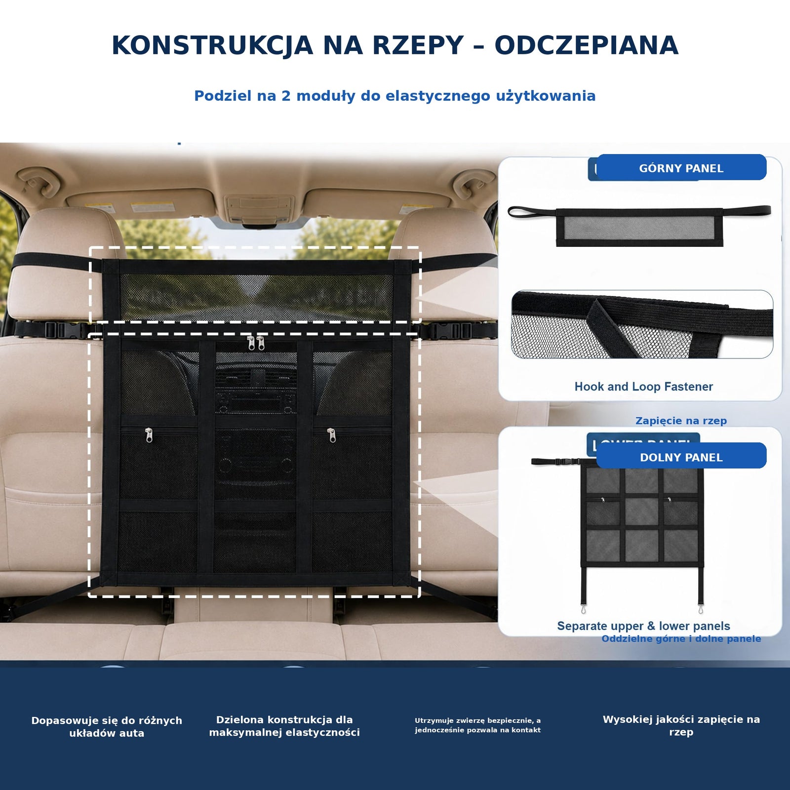 Bariera samochodowa dla psa z zapięciem na rzep i podwójnym zamkiem błyskawicznym do samochodu/SUV-a