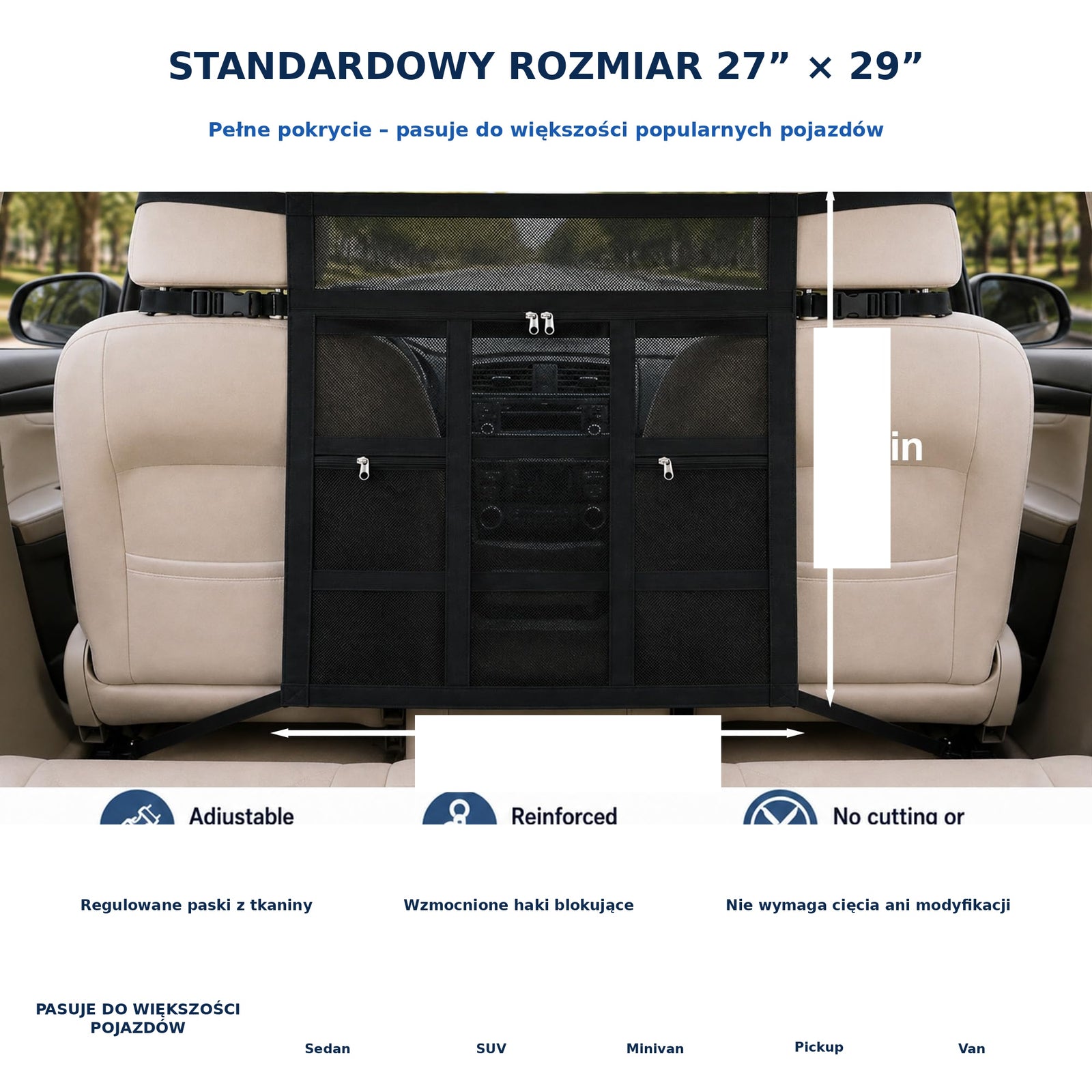 Bariera samochodowa dla psa z zapięciem na rzep i podwójnym zamkiem błyskawicznym do samochodu/SUV-a