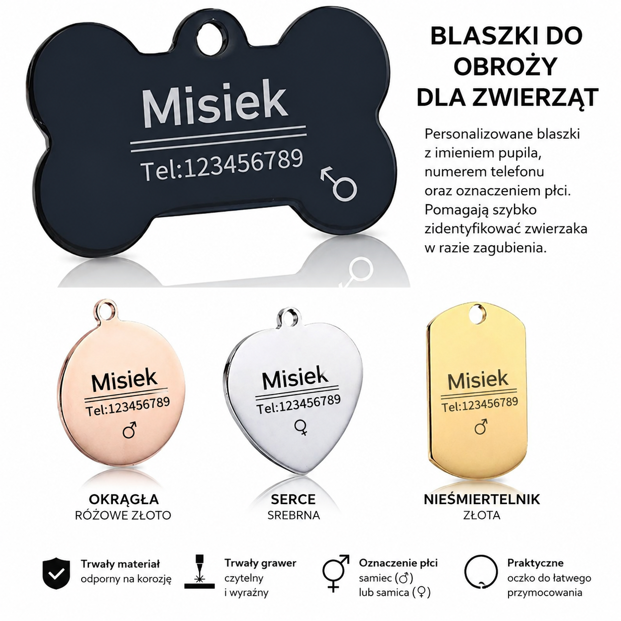 Personalizowane stalowe nieśmiertelniki dla zwierząt